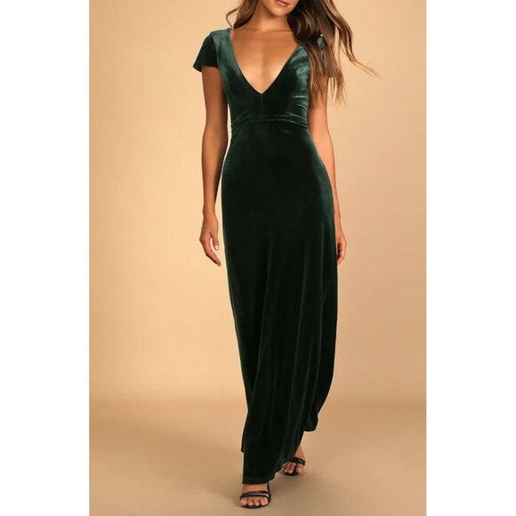 Lulus Feeling Flawless Emerald Green Velvet V-Neck Maxi Dress Sz XS Womens Green - Picture 1 of 12